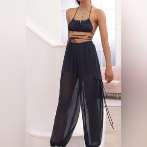 Two Piece Navy Chiffon Pant Set